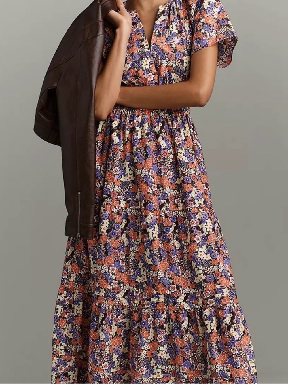 Anthropologie Somerset Purple, Orange and Cream Floral Midi Dress - XL